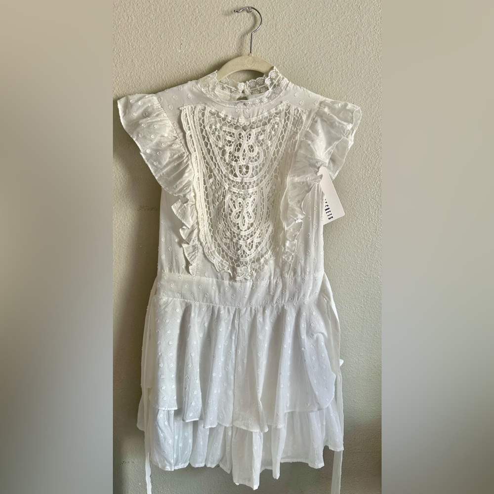 Vici White Cotton Crochet Ruffle Romper